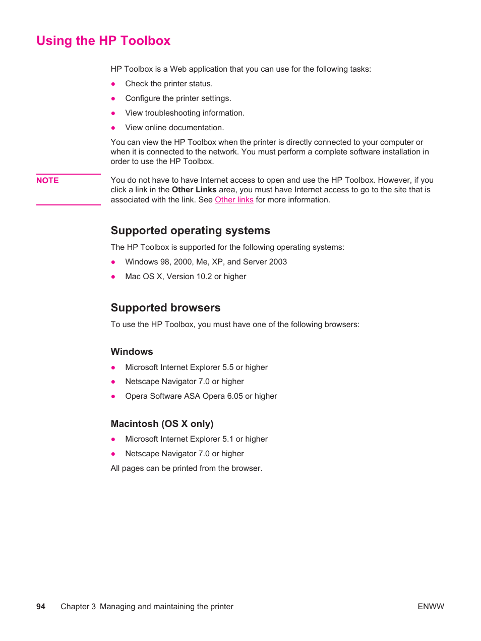 Using the hp toolbox, Supported operating systems, Supported browsers | HP LaserJet 4250 User Manual | Page 106 / 304