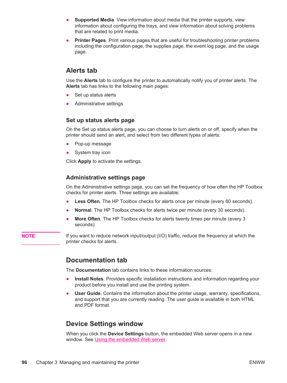 Alerts tab, Documentation tab, Device settings window | HP LaserJet 4250 User Manual | Page 108 / 304