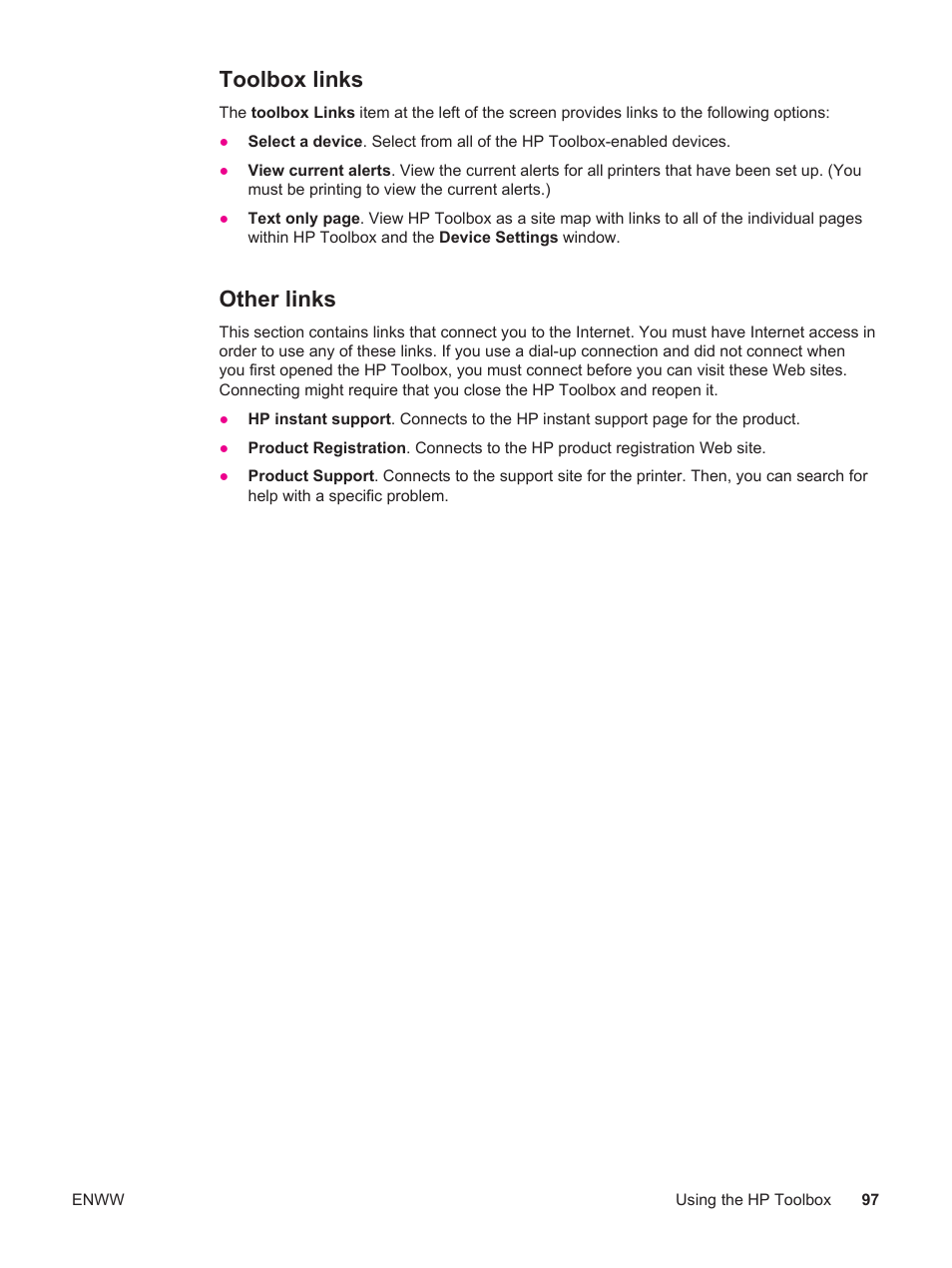 Toolbox links, Other links, Toolbox links other links | HP LaserJet 4250 User Manual | Page 109 / 304