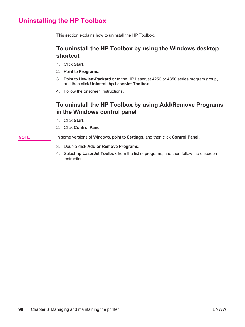 Uninstalling the hp toolbox, Control panel | HP LaserJet 4250 User Manual | Page 110 / 304