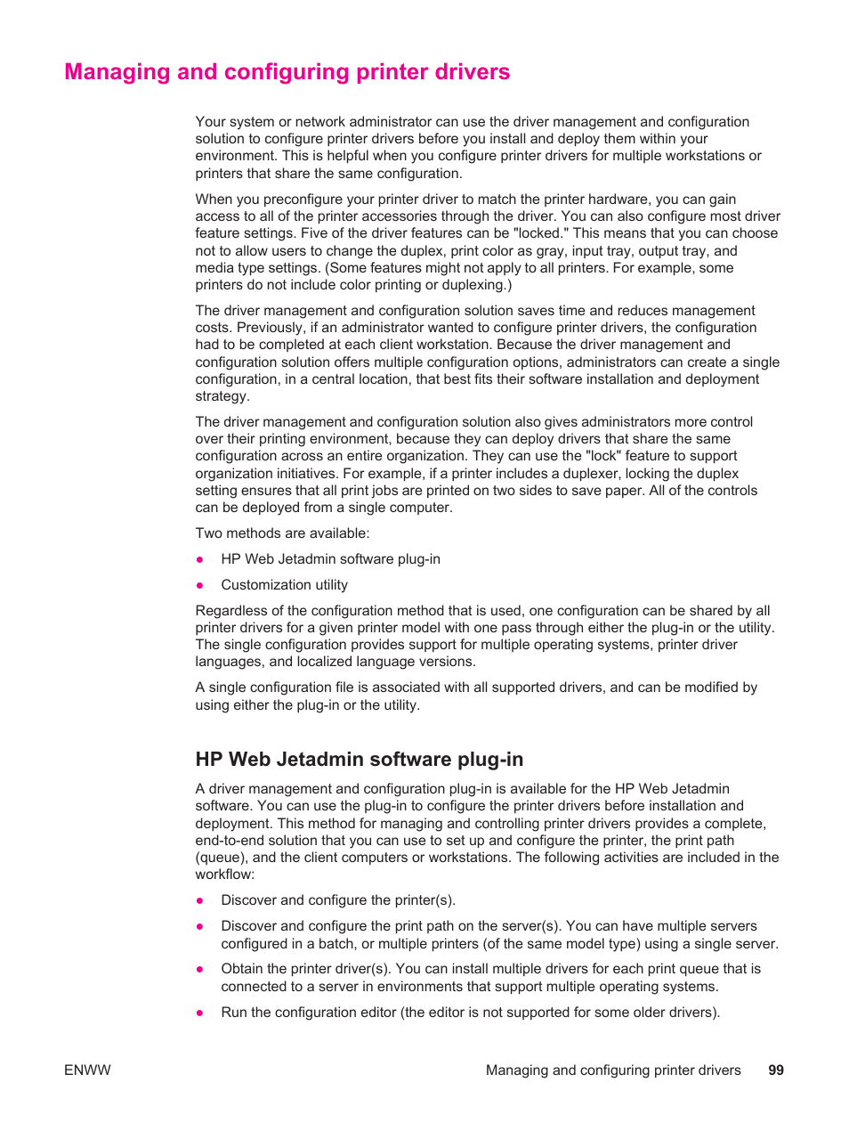 Managing and configuring printer drivers, Hp web jetadmin software plug-in | HP LaserJet 4250 User Manual | Page 111 / 304