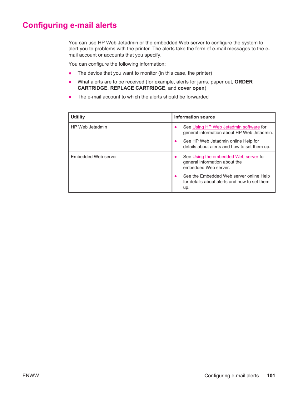 Configuring e-mail alerts | HP LaserJet 4250 User Manual | Page 113 / 304