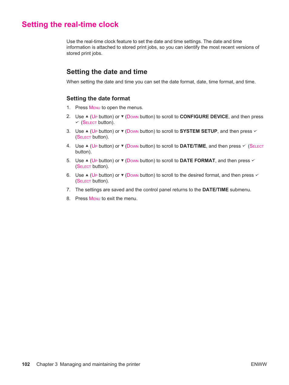 Setting the real-time clock, Setting the date and time, Setting the date format | HP LaserJet 4250 User Manual | Page 114 / 304