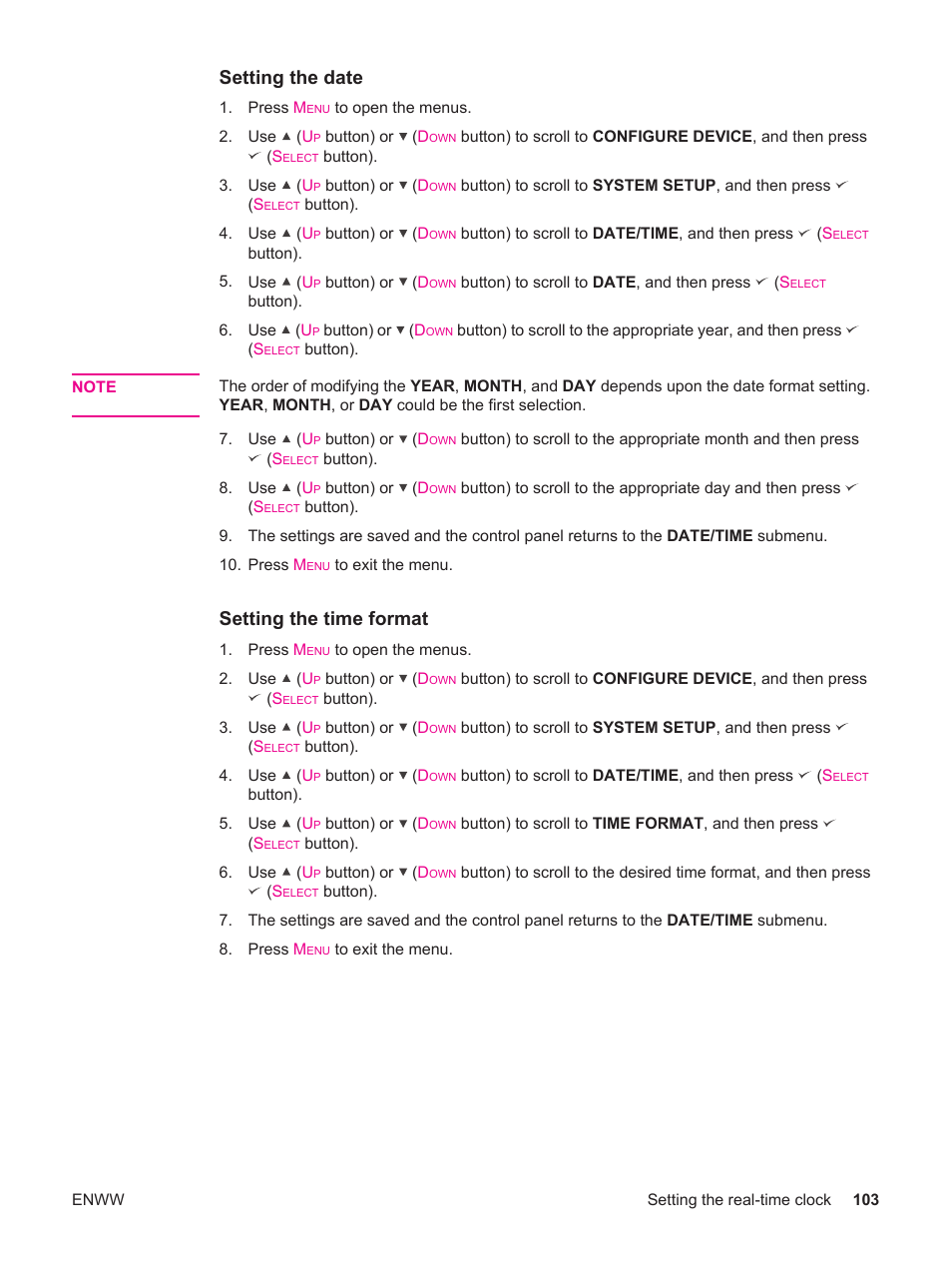 Setting the date, Setting the time format | HP LaserJet 4250 User Manual | Page 115 / 304