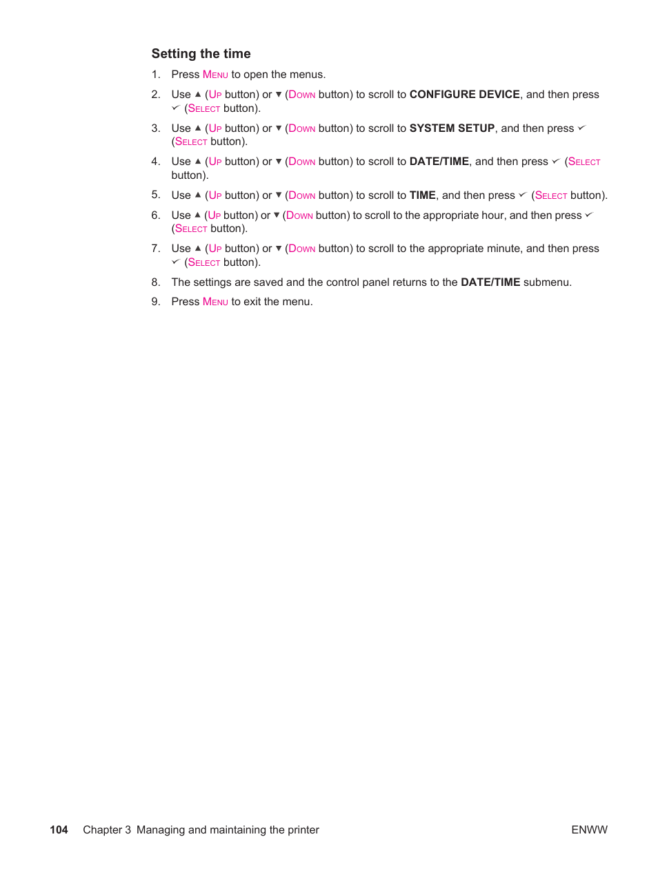 Setting the time | HP LaserJet 4250 User Manual | Page 116 / 304