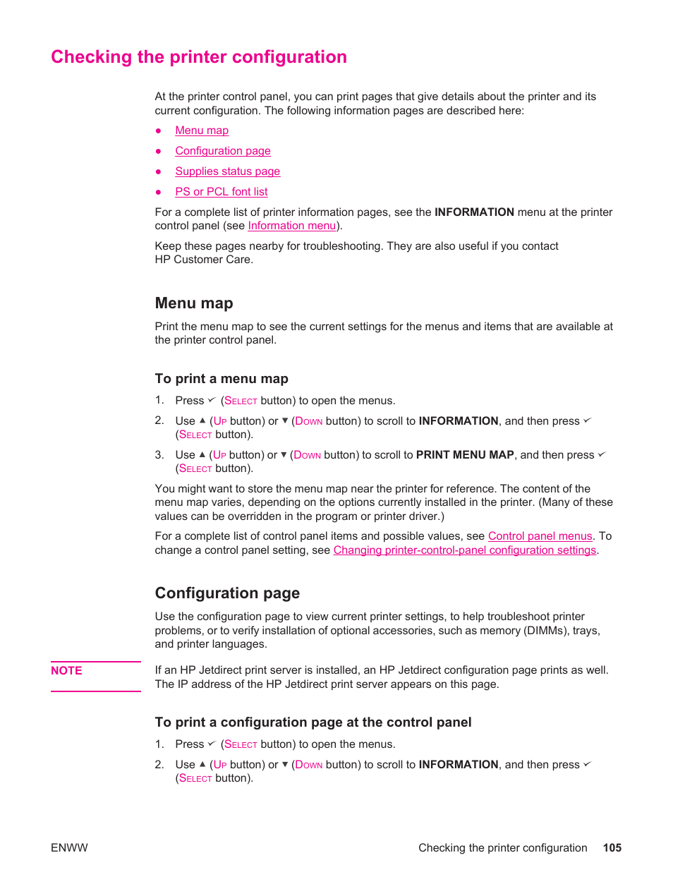 Checking the printer configuration, Menu map, Configuration page | HP LaserJet 4250 User Manual | Page 117 / 304