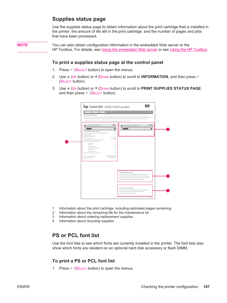Ps or pcl font list, Supplies status page | HP LaserJet 4250 User Manual | Page 119 / 304
