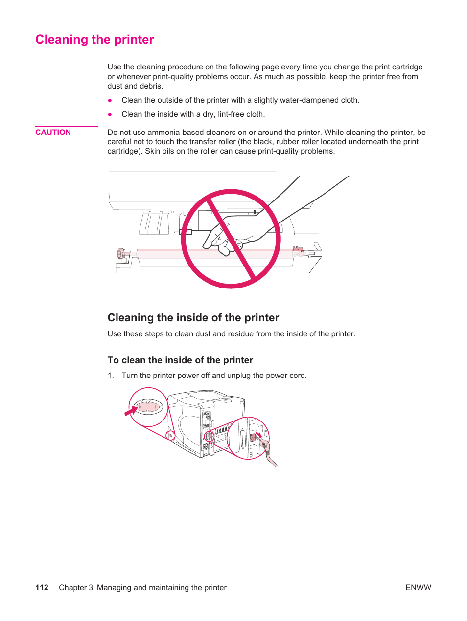 Cleaning the printer, Cleaning the inside of the printer | HP LaserJet 4250 User Manual | Page 124 / 304