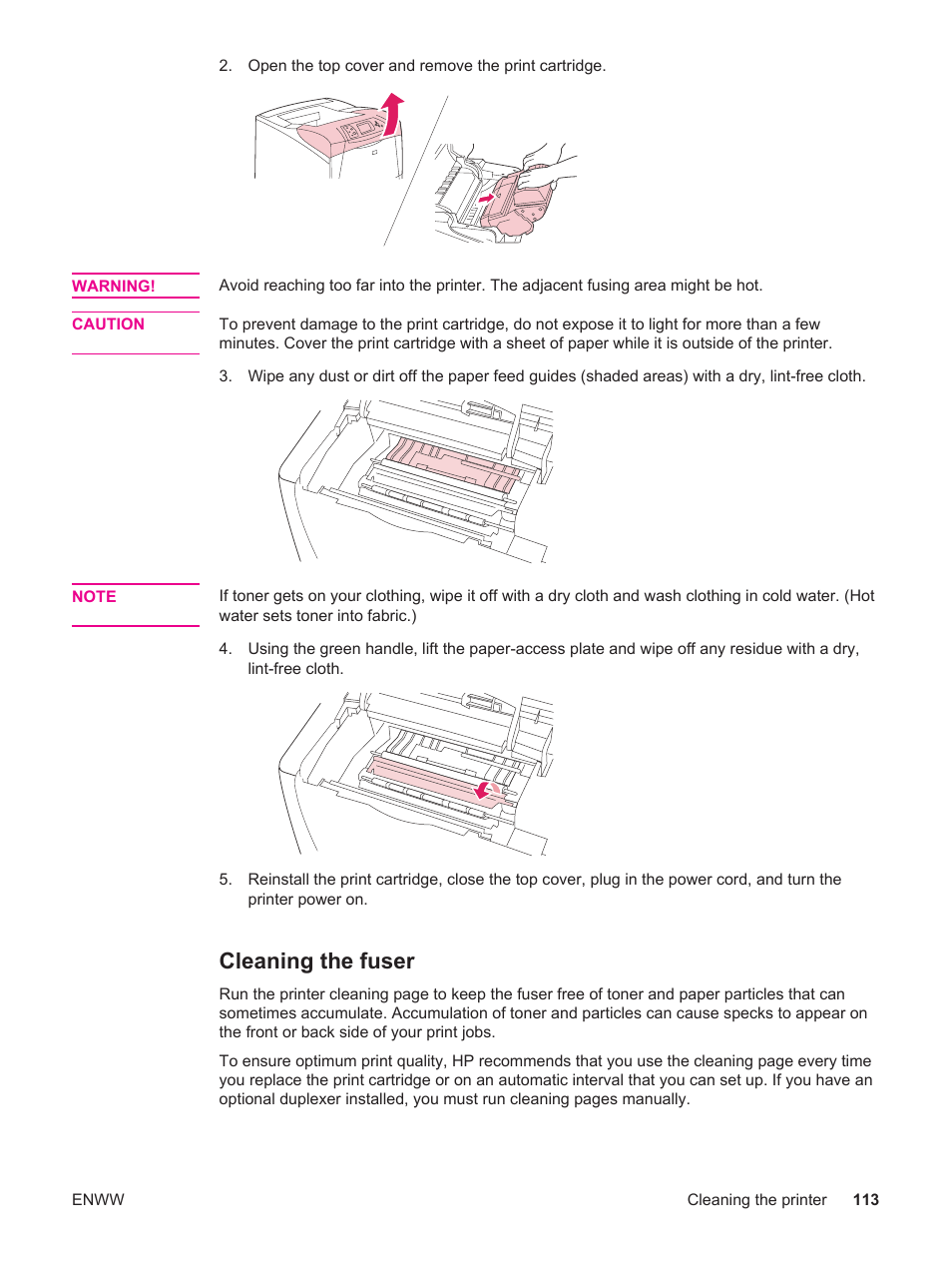 Cleaning the fuser | HP LaserJet 4250 User Manual | Page 125 / 304