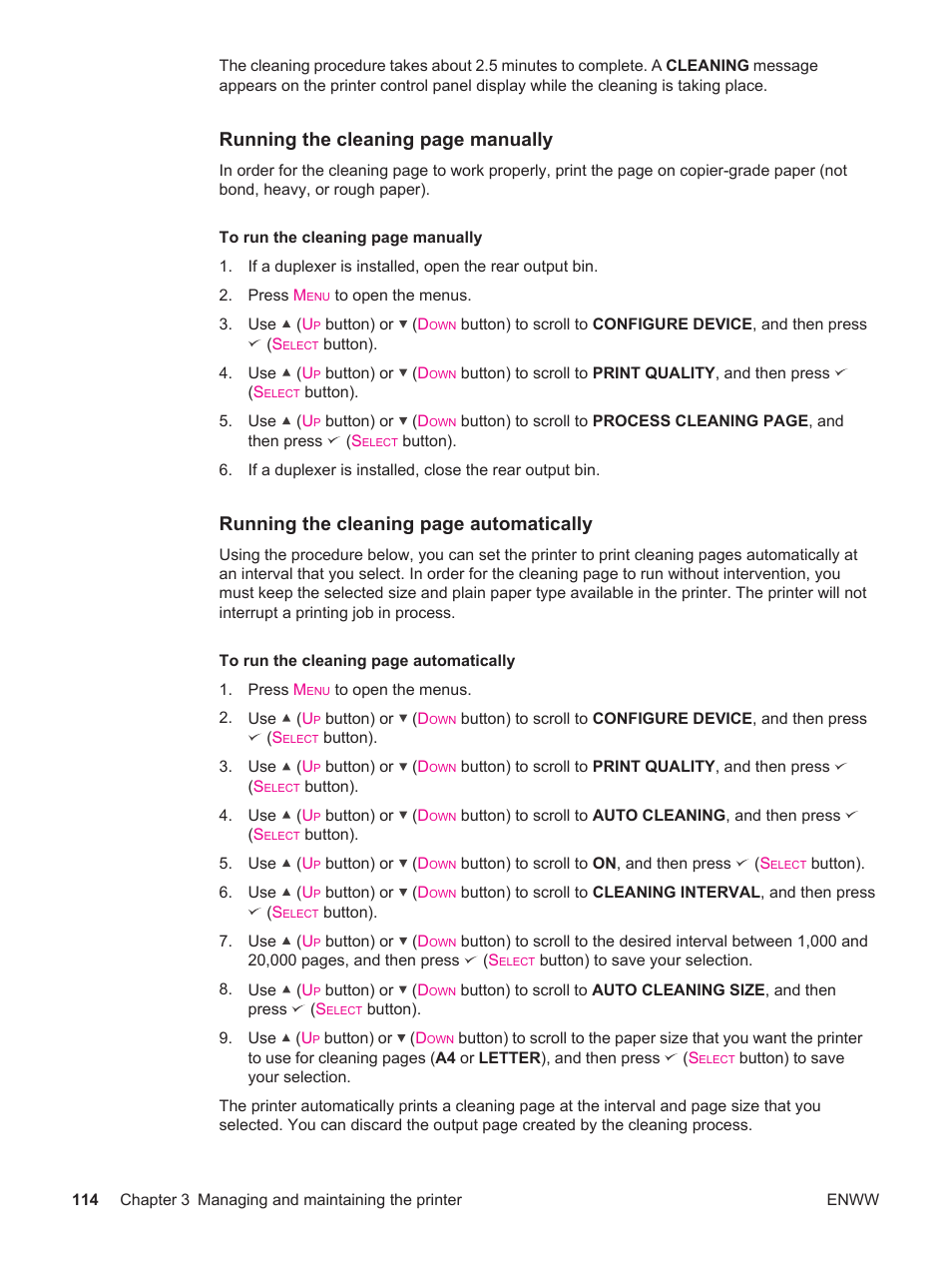 Running the cleaning page manually, Running the cleaning page automatically | HP LaserJet 4250 User Manual | Page 126 / 304