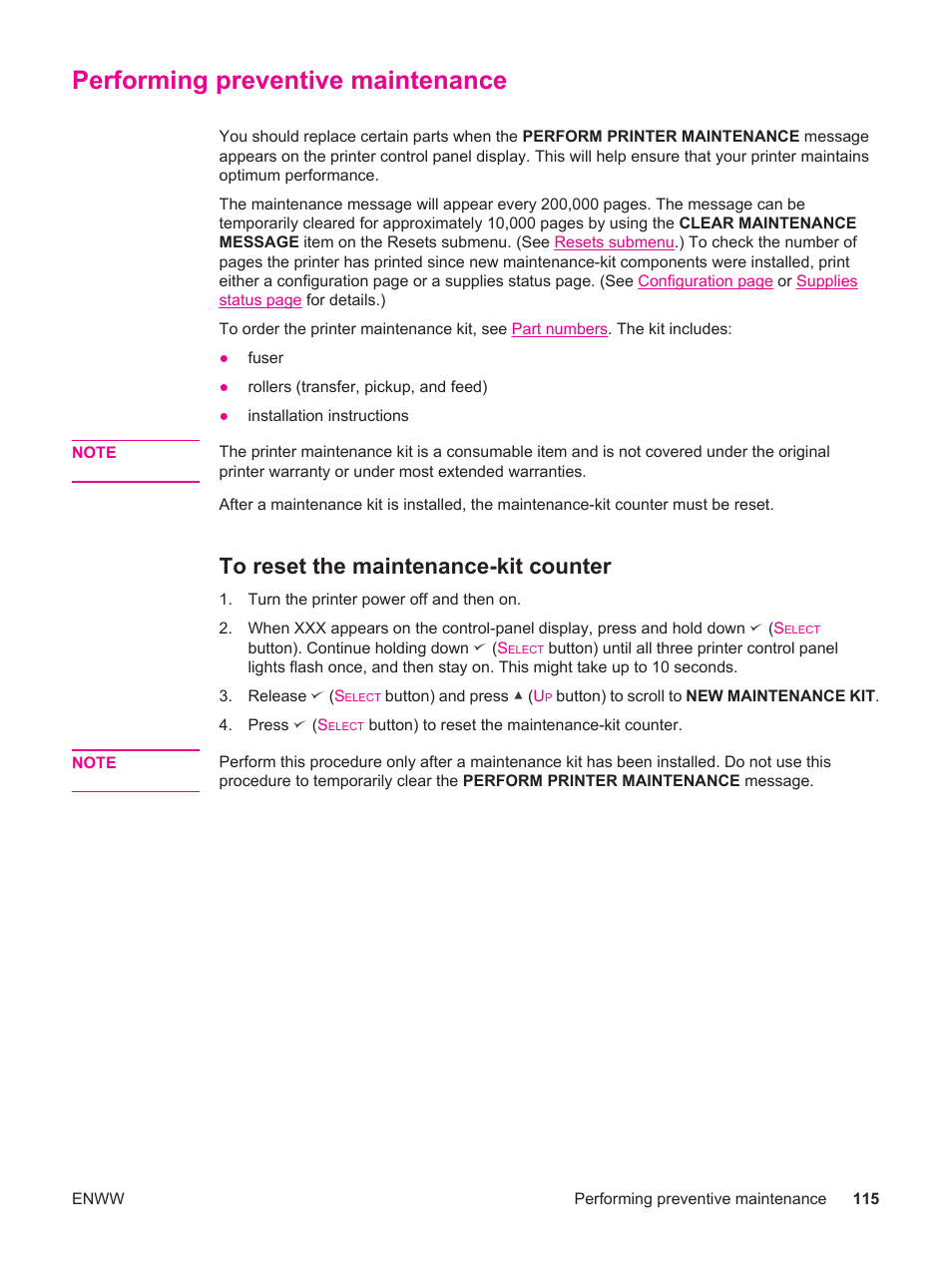 Performing preventive maintenance, To reset the maintenance-kit counter | HP LaserJet 4250 User Manual | Page 127 / 304