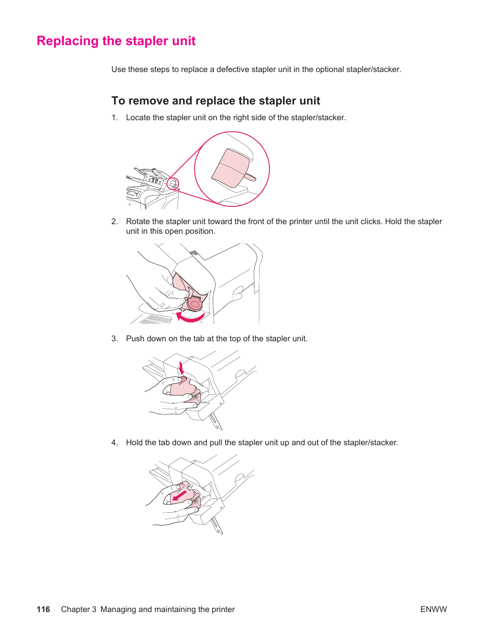 Replacing the stapler unit, To remove and replace the stapler unit | HP LaserJet 4250 User Manual | Page 128 / 304