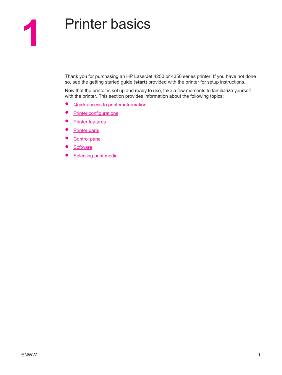 Printer basics, 1 printer basics | HP LaserJet 4250 User Manual | Page 13 / 304