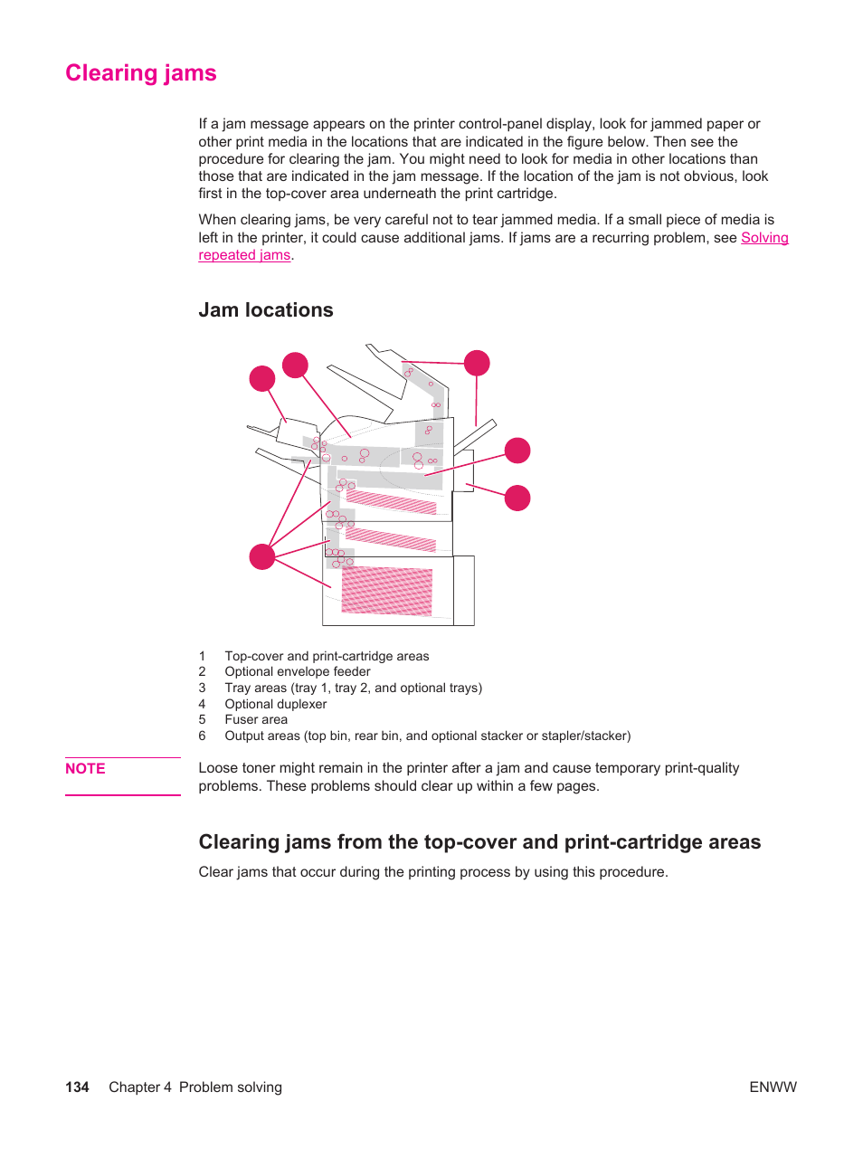 Clearing jams, Jam locations | HP LaserJet 4250 User Manual | Page 146 / 304