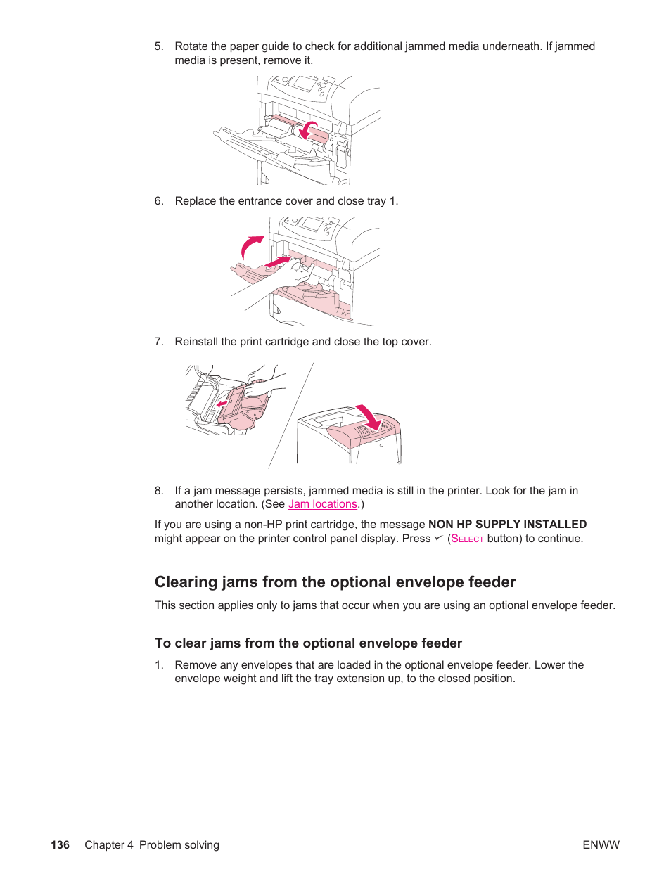 Clearing jams from the optional envelope feeder | HP LaserJet 4250 User Manual | Page 148 / 304