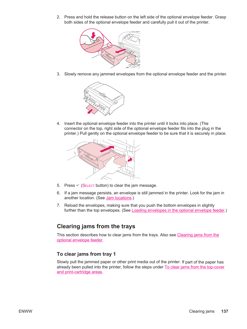 Clearing jams from the trays | HP LaserJet 4250 User Manual | Page 149 / 304