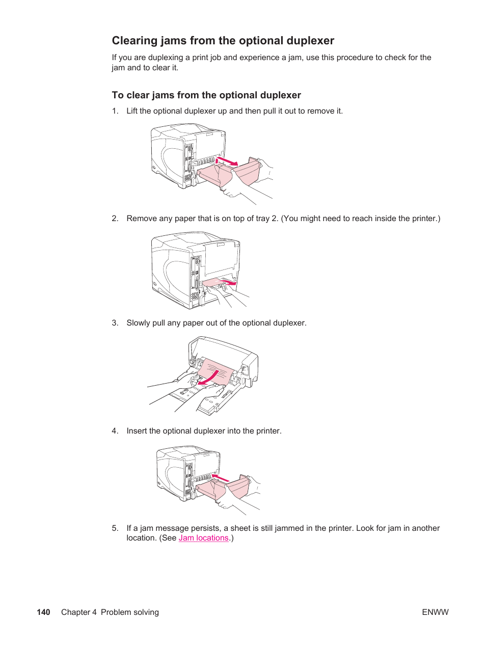 Clearing jams from the optional duplexer | HP LaserJet 4250 User Manual | Page 152 / 304