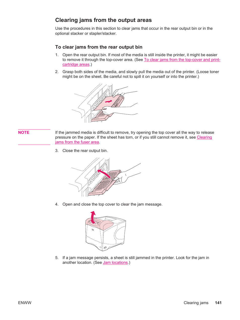 Clearing jams from the output areas | HP LaserJet 4250 User Manual | Page 153 / 304