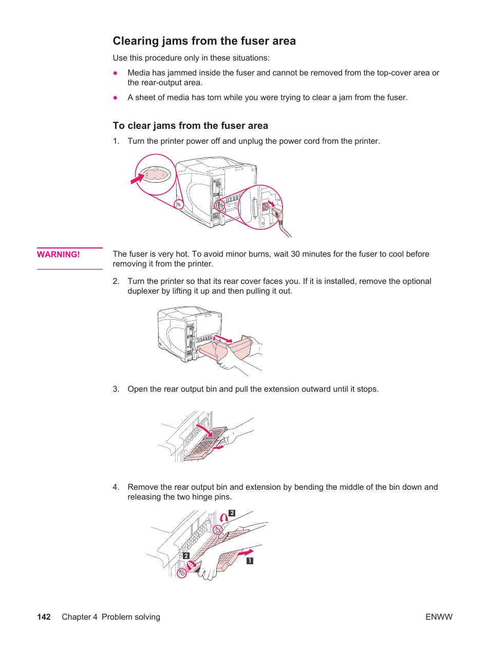 Clearing jams from the fuser area, Clearing, Jams from the fuser area | HP LaserJet 4250 User Manual | Page 154 / 304