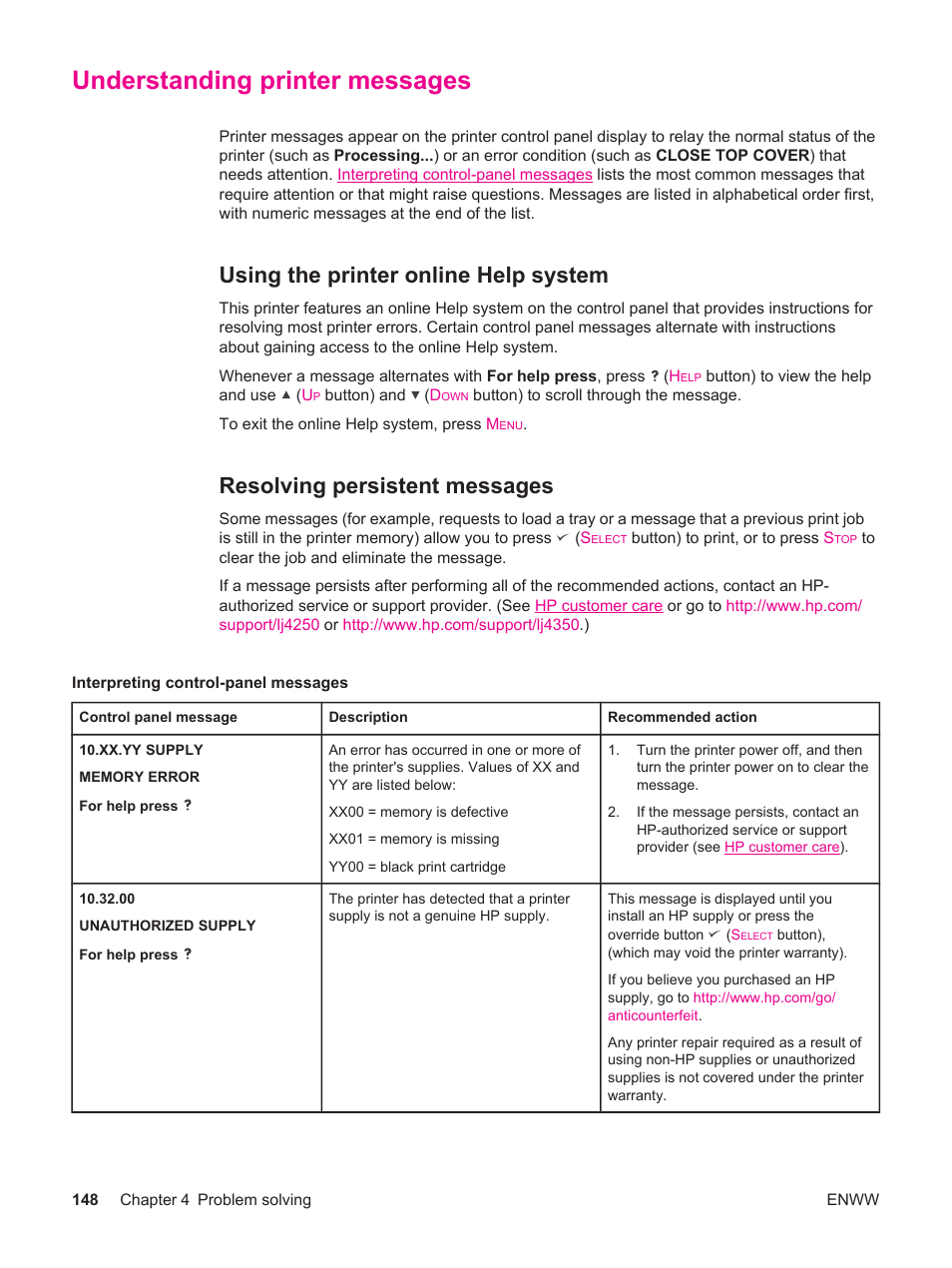 Understanding printer messages, Using the printer online help system, Resolving persistent messages | Interpreting control-panel messages, To identify and troubleshoot, Interpreting control-panel, Messages, For help in resolving, Interpreting, Control-panel messages | HP LaserJet 4250 User Manual | Page 160 / 304