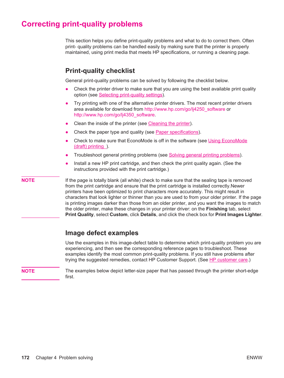 Correcting print-quality problems, Print-quality checklist, Image defect examples | Print-quality checklist image defect examples, Correcting print- quality problems | HP LaserJet 4250 User Manual | Page 184 / 304