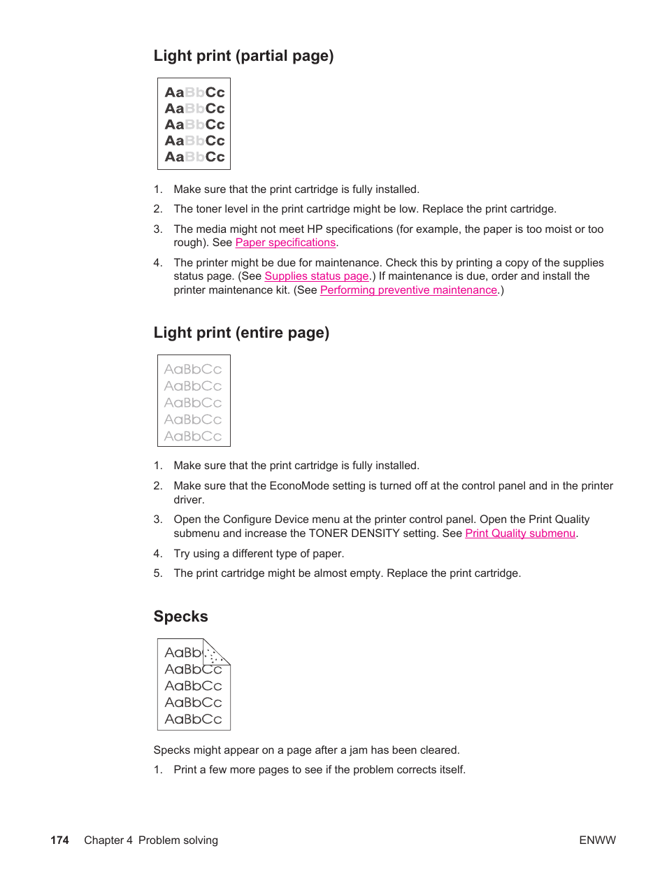 Specks, Light print, Light print (partial page) | Light print (entire page) | HP LaserJet 4250 User Manual | Page 186 / 304