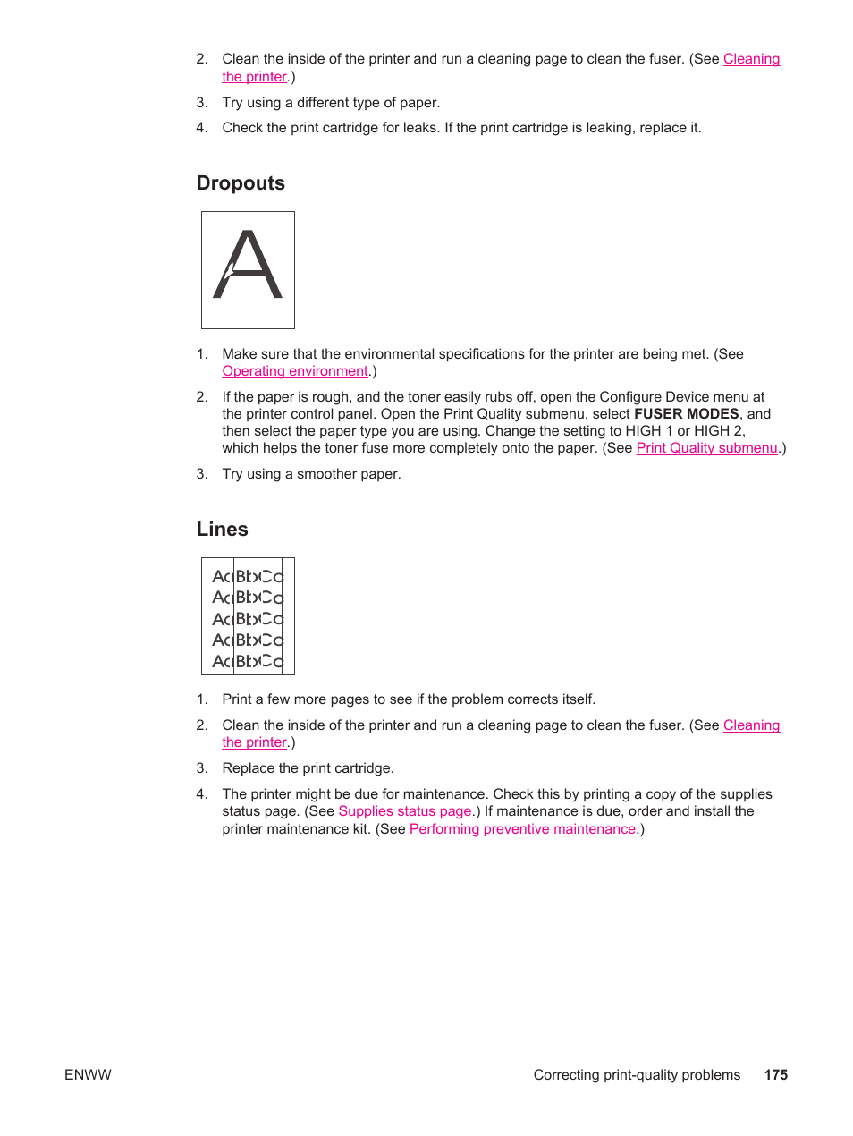 Dropouts, Lines, Dropouts lines | HP LaserJet 4250 User Manual | Page 187 / 304