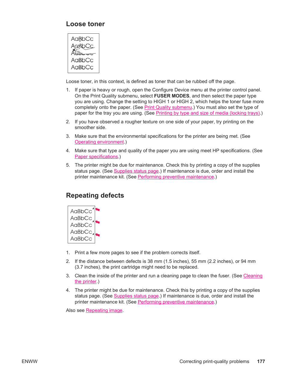 Loose toner, Repeating defects, Loose toner repeating defects | Repeating, Defects, Also see | HP LaserJet 4250 User Manual | Page 189 / 304