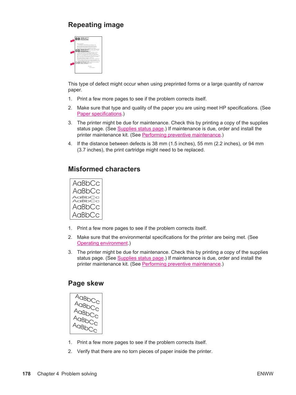 Repeating image, Misformed characters, Repeating | Image, Misformed, Characters, Also see, Aabbcc aabbcc aabbcc aabbcc, Page skew | HP LaserJet 4250 User Manual | Page 190 / 304