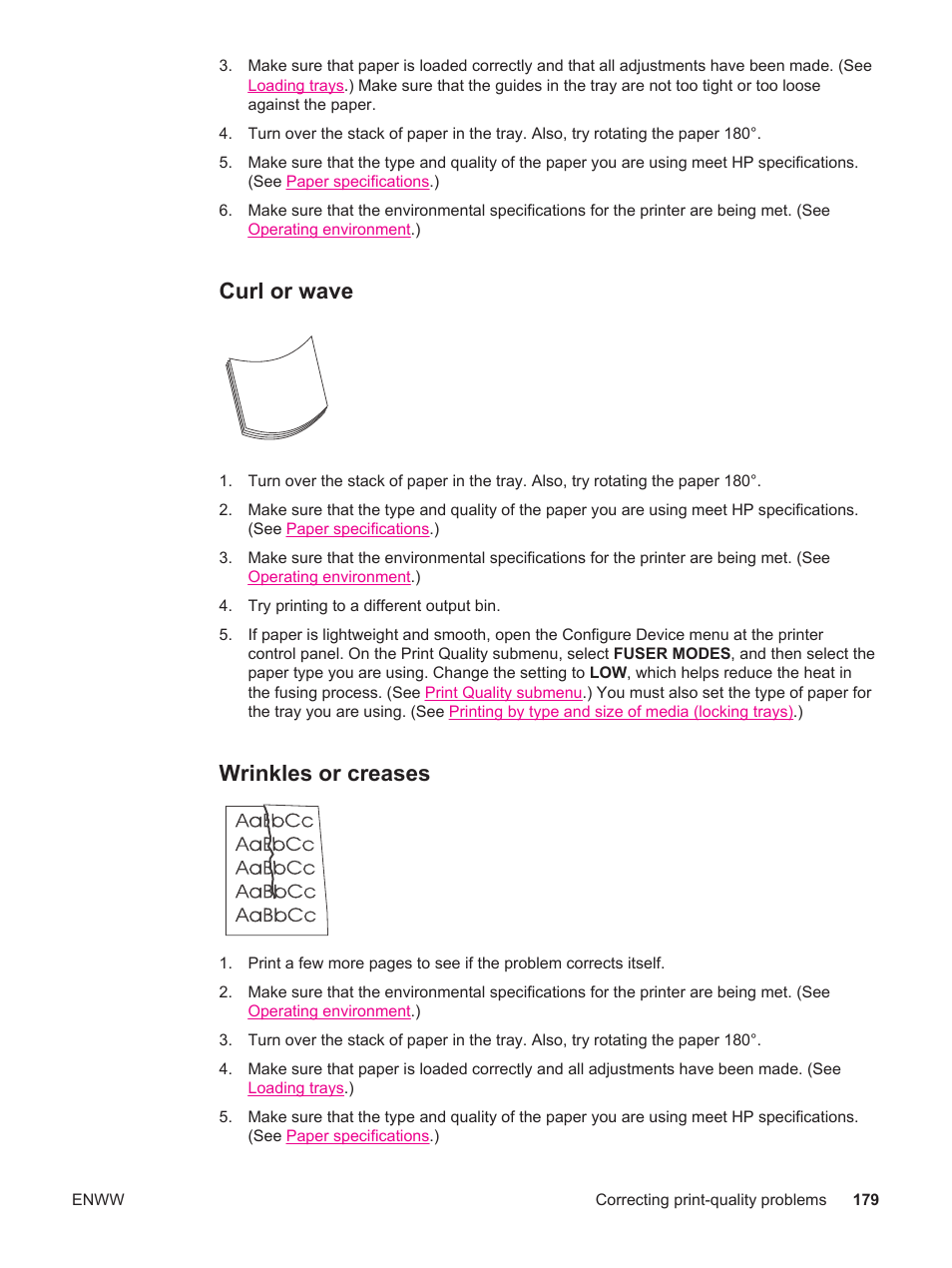Curl or wave, Wrinkles or creases, Curl or wave wrinkles or creases | Wrinkles or, Creases | HP LaserJet 4250 User Manual | Page 191 / 304