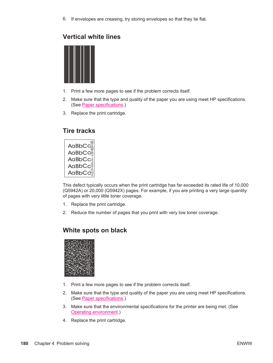Vertical white lines, Tire tracks, White spots on black | Vertical, White lines, White spots, On black | HP LaserJet 4250 User Manual | Page 192 / 304