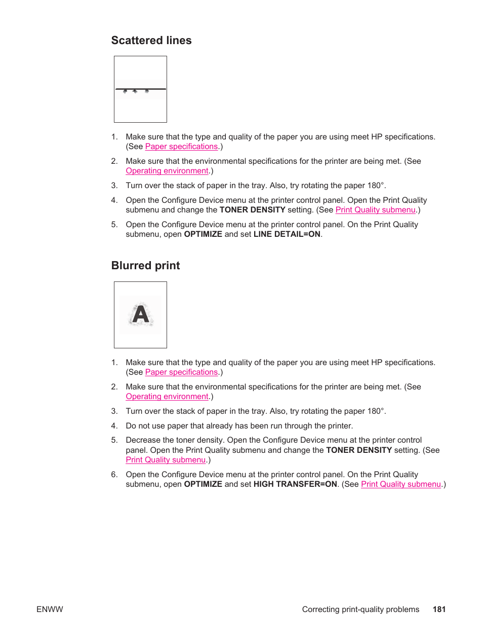 Scattered lines, Blurred print, Scattered lines blurred print | Scattered, Lines | HP LaserJet 4250 User Manual | Page 193 / 304