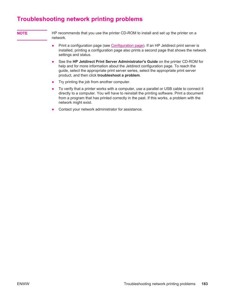 Troubleshooting network printing problems | HP LaserJet 4250 User Manual | Page 195 / 304