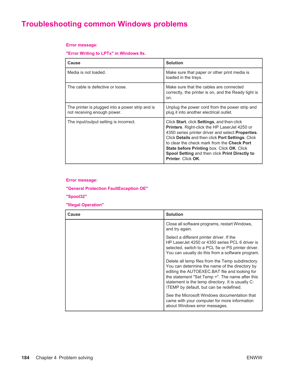 Troubleshooting common windows problems | HP LaserJet 4250 User Manual | Page 196 / 304