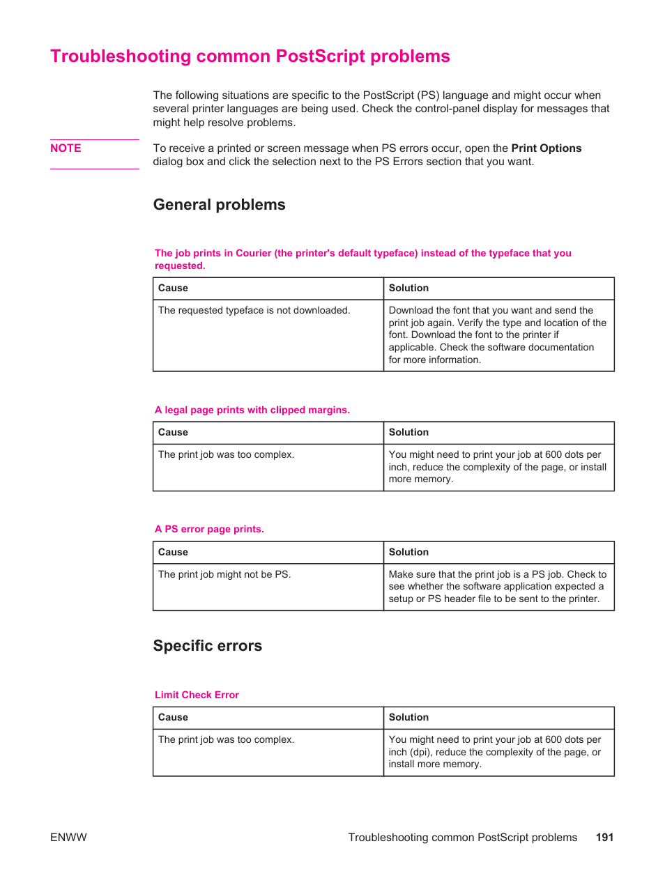 Troubleshooting common postscript problems, General problems, Specific errors | General problems specific errors | HP LaserJet 4250 User Manual | Page 203 / 304