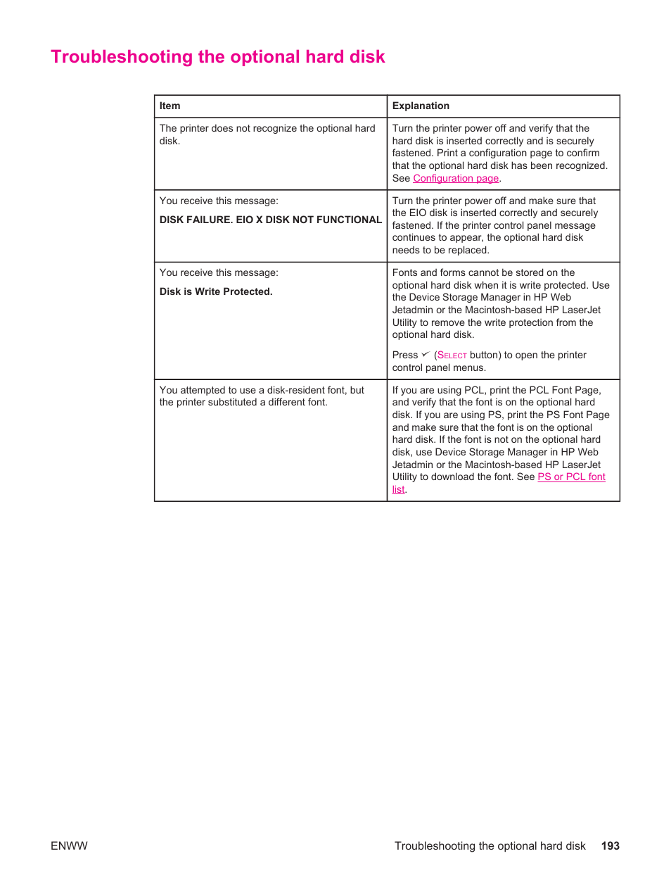 Troubleshooting the optional hard disk | HP LaserJet 4250 User Manual | Page 205 / 304