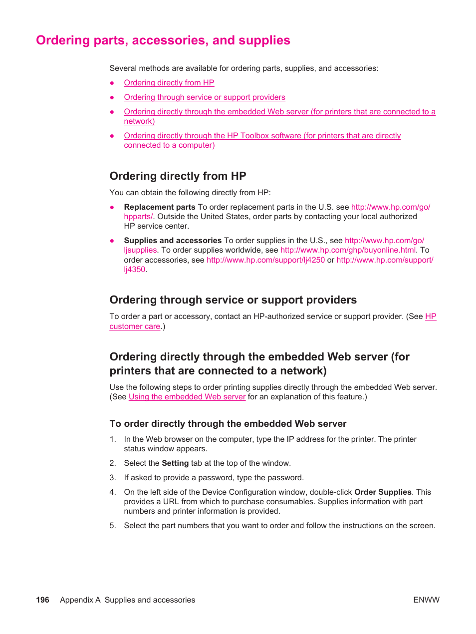 Ordering parts, accessories, and supplies, Ordering directly from hp, Ordering through service or support providers | Connected to a network), Ordering parts, accessories, and, Supplies, Ordering parts, Accessories, and supplies, Ordering, Parts, accessories, and supplies | HP LaserJet 4250 User Manual | Page 208 / 304