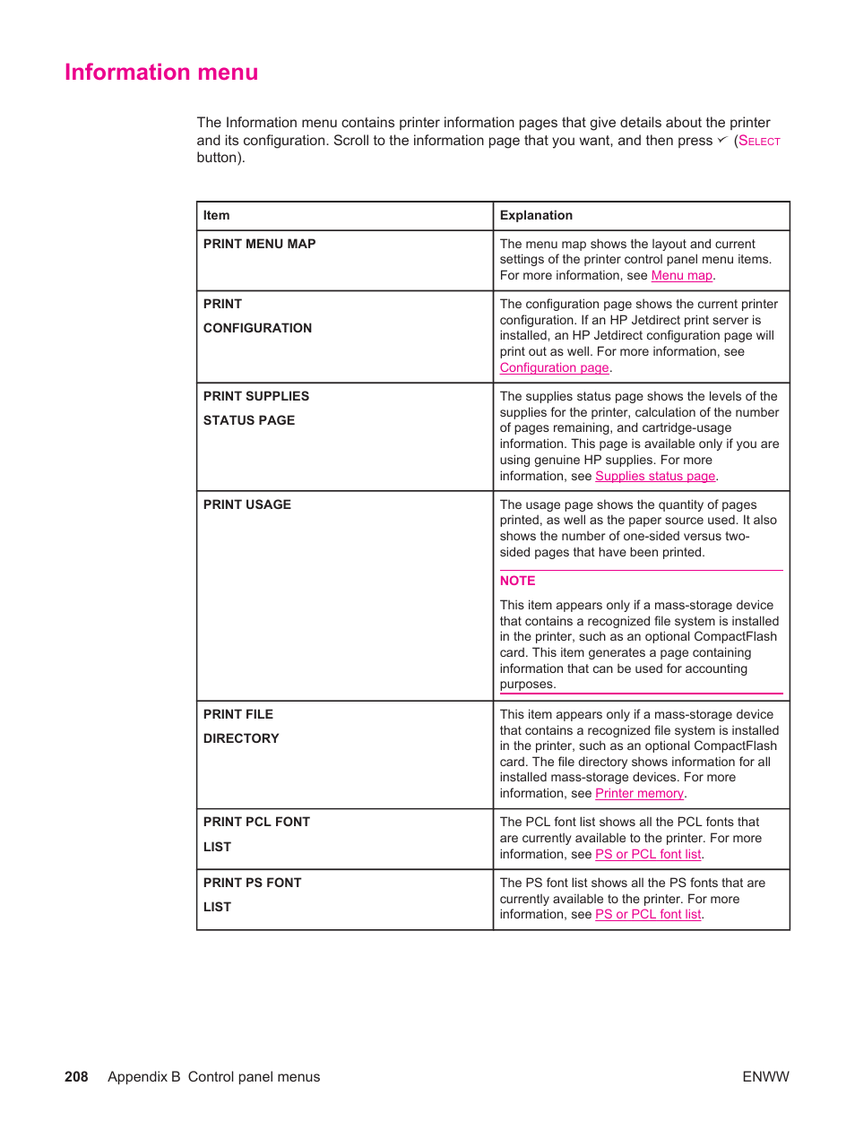 Information menu | HP LaserJet 4250 User Manual | Page 220 / 304