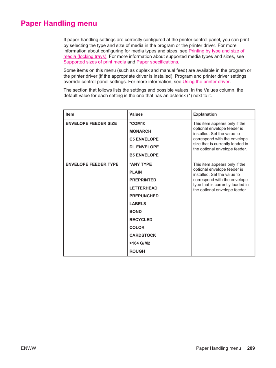 Paper handling menu, Specifically requested. see | HP LaserJet 4250 User Manual | Page 221 / 304