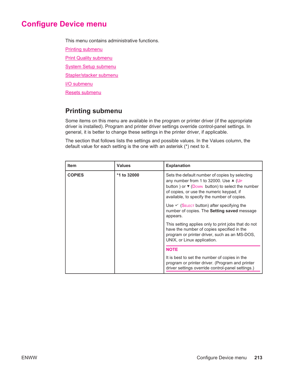 Configure device menu, Printing submenu | HP LaserJet 4250 User Manual | Page 225 / 304