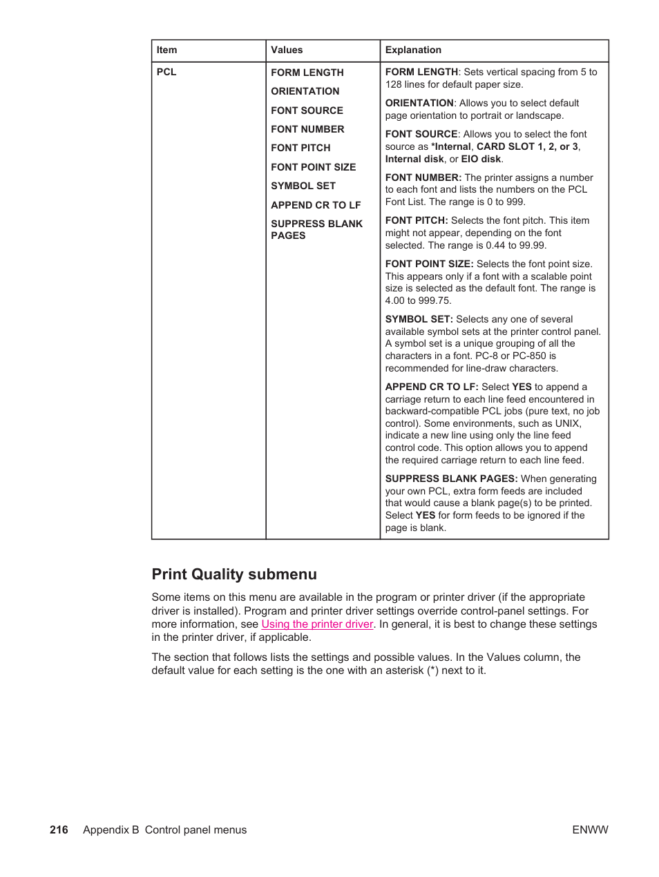 Print quality submenu, Printer control panel. (see, Print | Quality submenu, Print quality, Submenu, On. (see, Setting. see, Setting. (see | HP LaserJet 4250 User Manual | Page 228 / 304