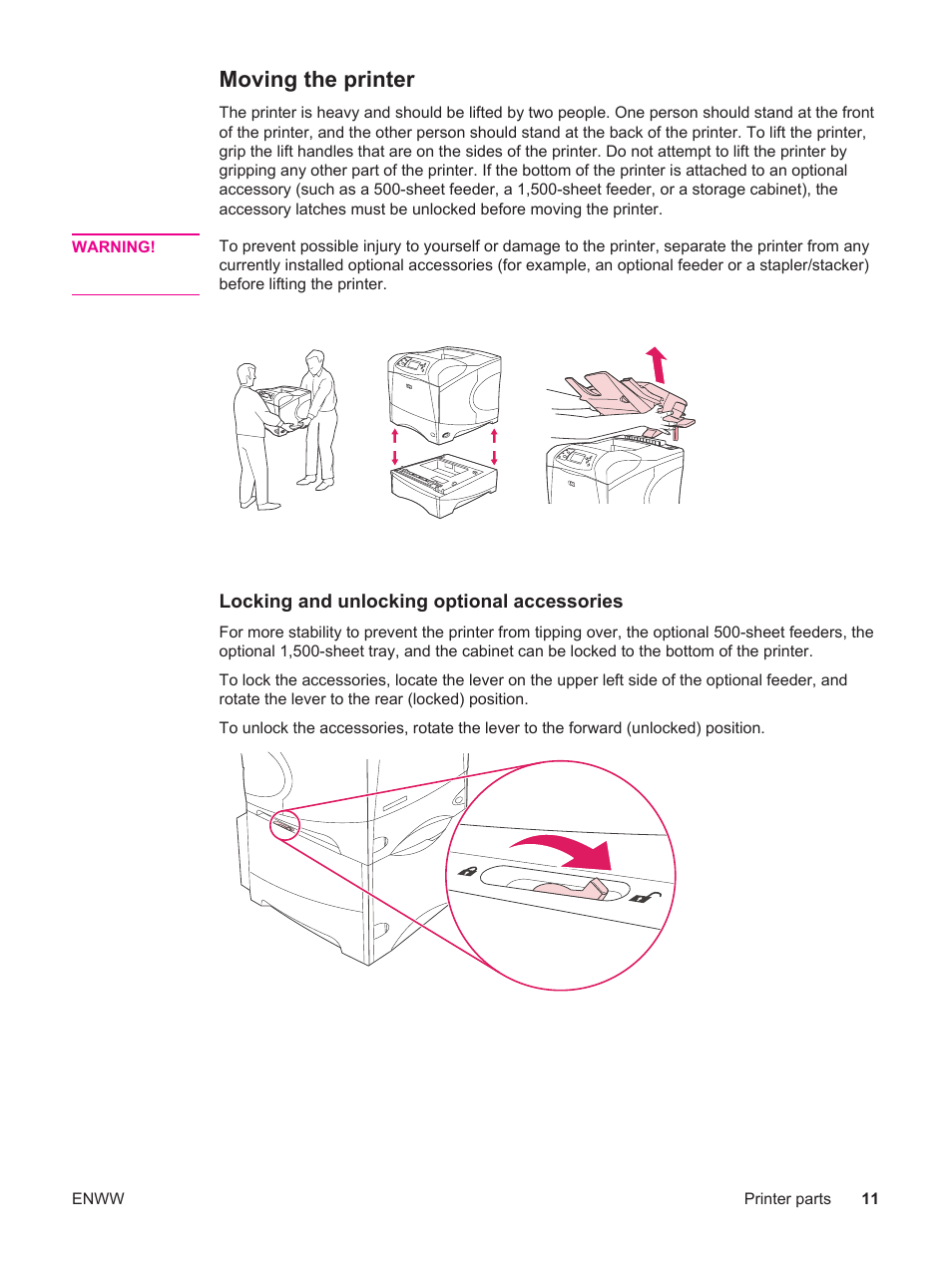Moving the printer | HP LaserJet 4250 User Manual | Page 23 / 304