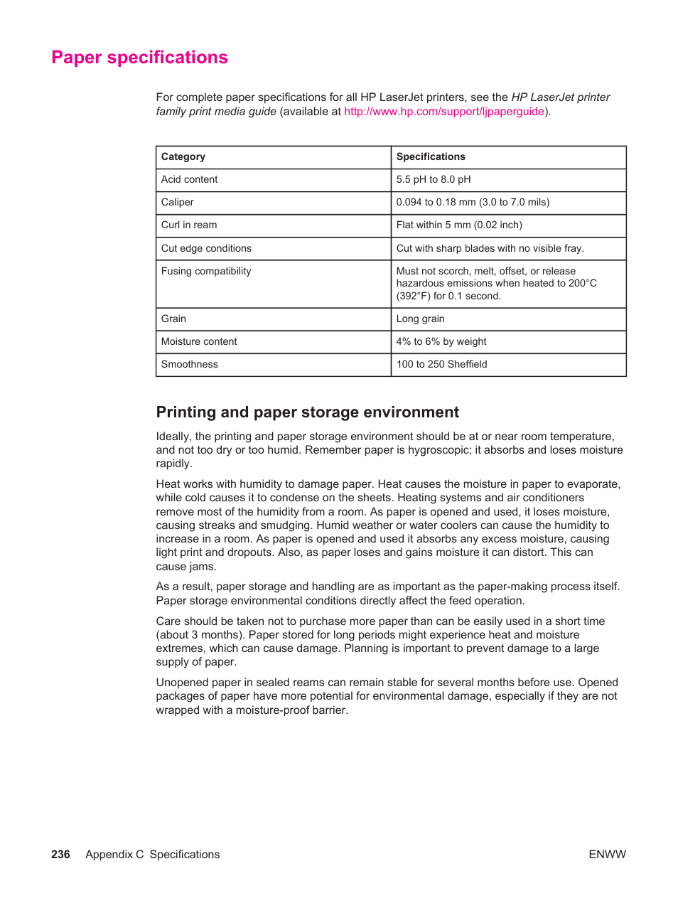 Paper specifications, Printing and paper storage environment, Information, see | HP LaserJet 4250 User Manual | Page 248 / 304