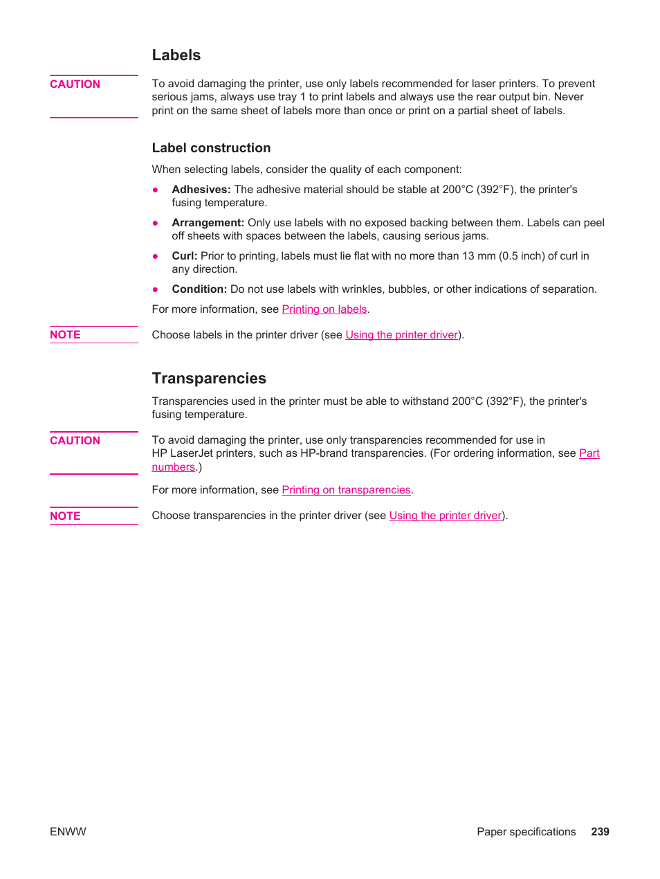 Labels, Transparencies, Labels transparencies | Specifications. see | HP LaserJet 4250 User Manual | Page 251 / 304