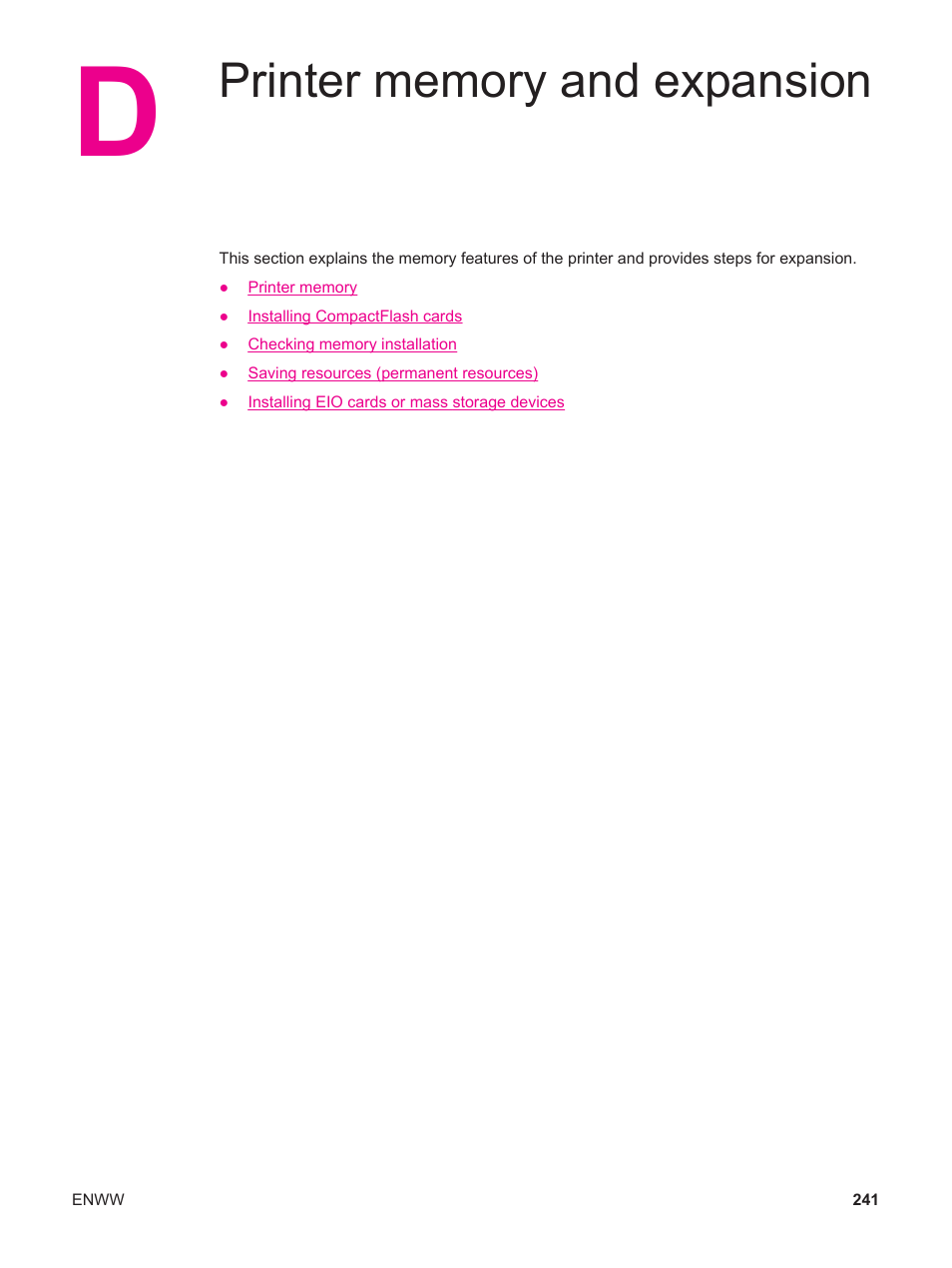 Printer memory and expansion, Appendix d printer memory and expansion | HP LaserJet 4250 User Manual | Page 253 / 304