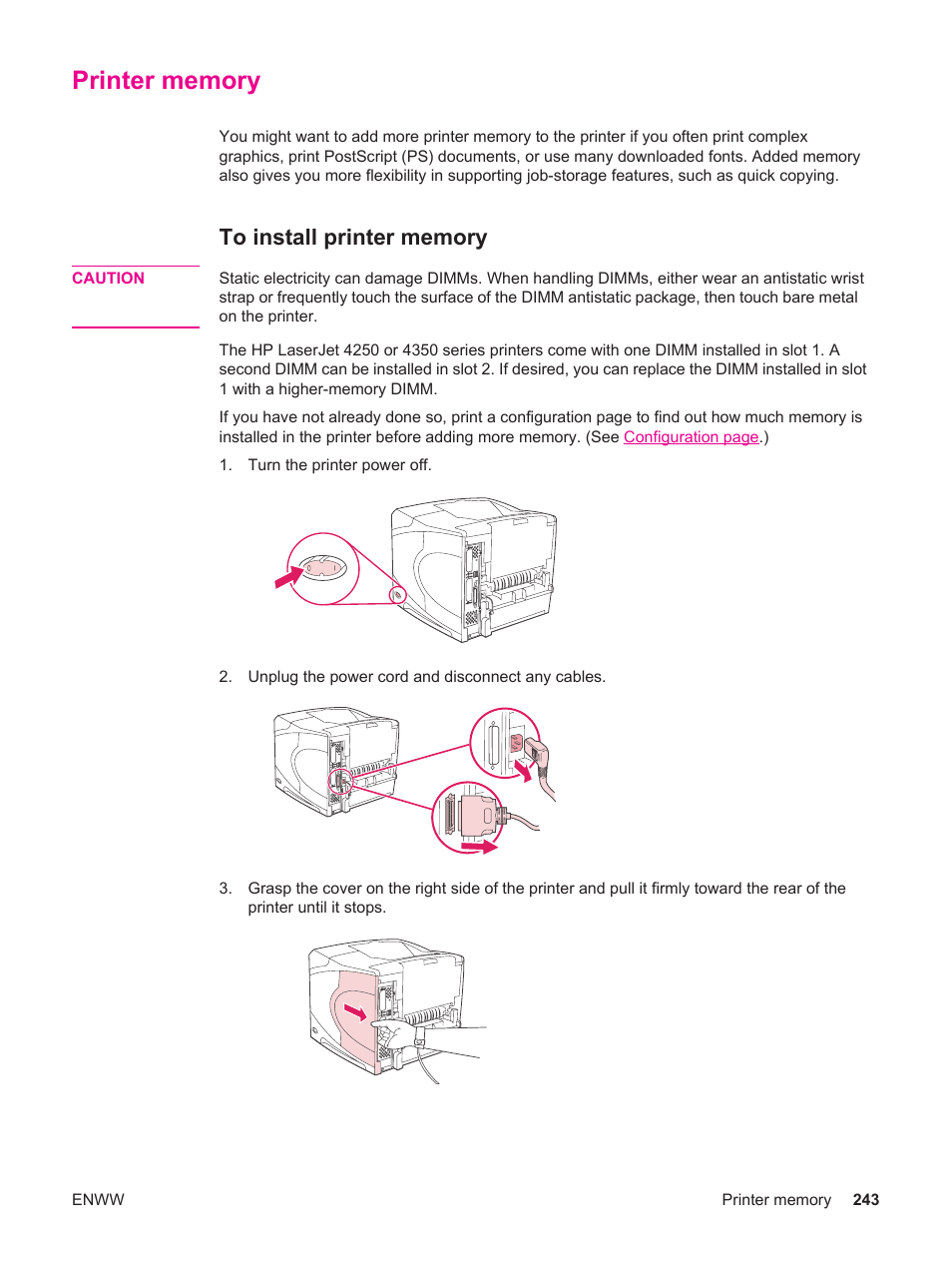 Printer memory, To install printer memory, Printer | Memory, Memory. (see | HP LaserJet 4250 User Manual | Page 255 / 304