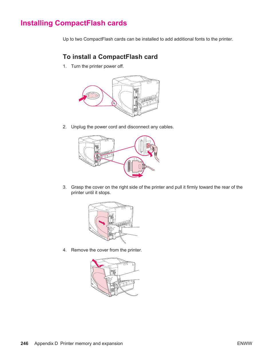 Installing compactflash cards, To install a compactflash card | HP LaserJet 4250 User Manual | Page 258 / 304
