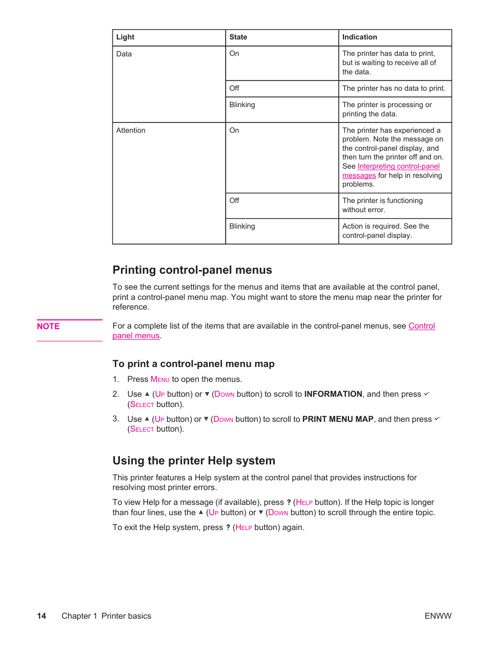 Printing control-panel menus, Using the printer help system | HP LaserJet 4250 User Manual | Page 26 / 304