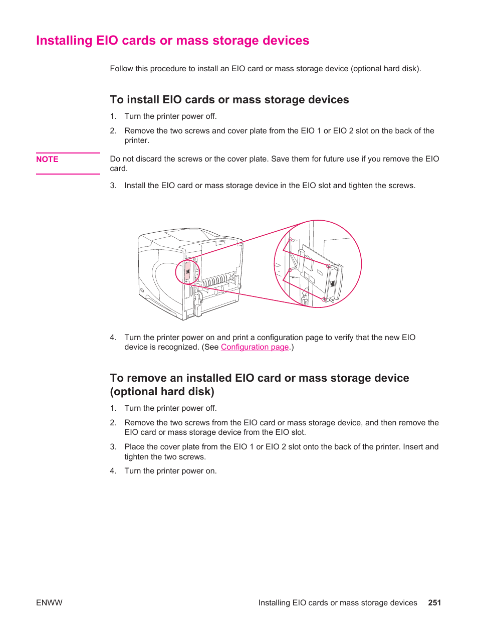 Installing eio cards or mass storage devices, To install eio cards or mass storage devices | HP LaserJet 4250 User Manual | Page 263 / 304
