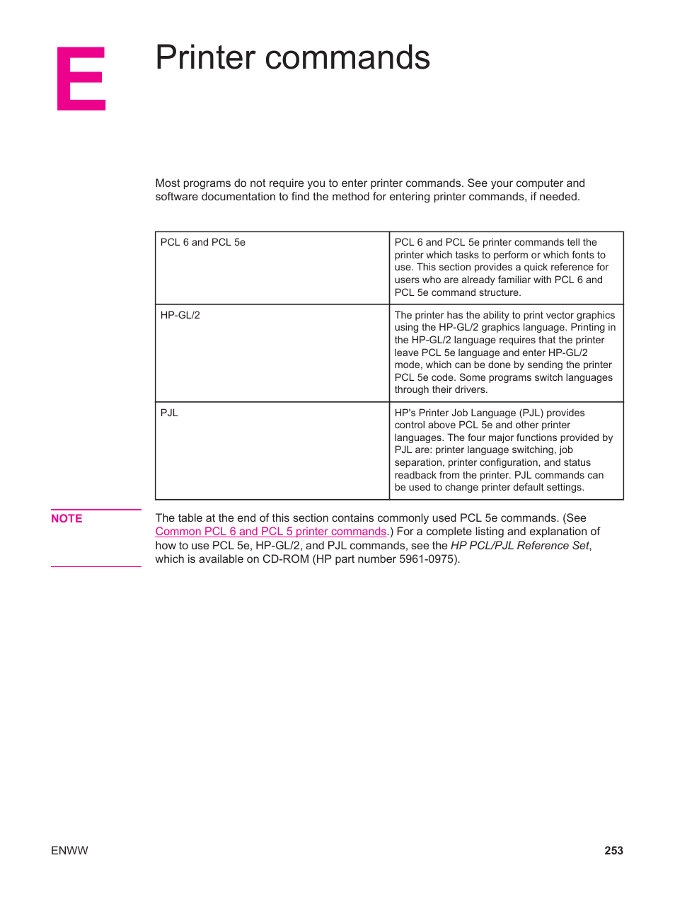 Printer commands, Appendix e printer commands | HP LaserJet 4250 User Manual | Page 265 / 304